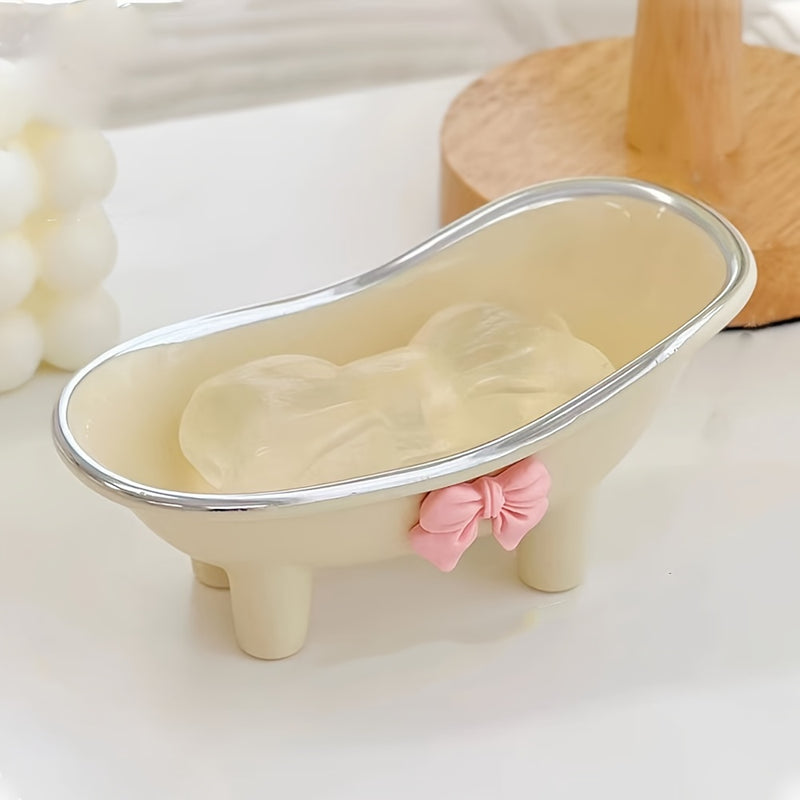 1pc Elegante Jabonera con Forma de Bañera y Adorno de Lazo Rosa - Soporte de Drenaje Ovalado de Plástico para Baño y Lavabo, Ideal para Almacenamiento de Jabón