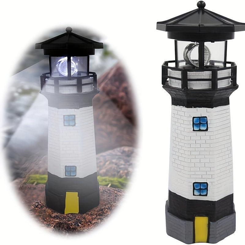 Estatua de faro LED con luz rotativa alimentada por energía solar - Diseño de rayas rojas y blancas resistente al tiempo para jardín, patio, patio y decoración de césped, adorno de césped | Característica de luz rotativa | Construcción duradera de resina