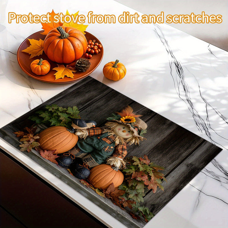 1pc Cubierta de Estufa para Acción de Gracias - con Espantapájaros, Calabazas y Hojas de Otoño - Superficie Antiadherente, Resistente a Arañazos y al Calor - Compatible con Estufas Eléctricas/Gas - Fácil Instalación para Decoración de Cocina en Otoño - A