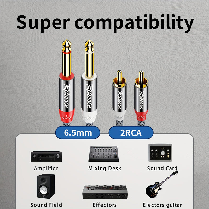 Cable de audio TS de alta fidelidad de 6.5 mm a doble RCA - Compatible con guitarra, altavoces y sistemas estéreo domésticos - Resistente y duradero - Adecuado para tabletas, PC y más - Marca RIKSOIN