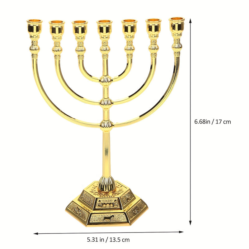 Menorah de 7 ramas tradicional de Hanukkah, candelabro de metal estilo templo dorado para decoración religiosa y festiva en el hogar, 1 pieza
