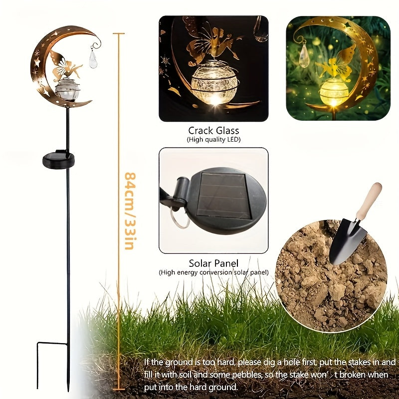 Luz de jardín lunar de hada alimentada por energía solar - Diseño caprichoso de mariposa y estrella, decoración de camino al aire libre para jardín, patio y porche, resistente a la intemperie IP65, batería de níquel cargada por energía solar, capacidad d