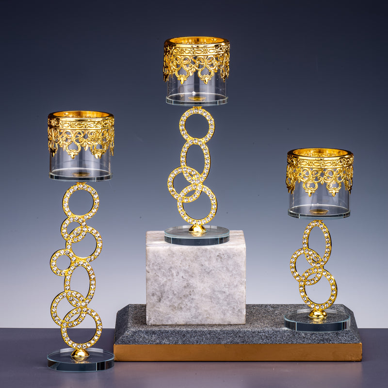 Juego de 3 piezas de soporte de velas de vidrio de cristal, elegante y romántico, con un toque de oro vintage, ideal para decoraciones navideñas, adornos de mesa.