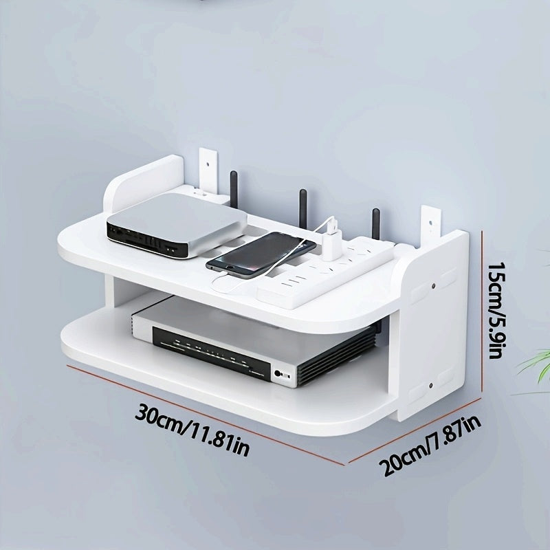 Organizador de pared de 2 niveles fácil de instalar, con gestión de cables, ideal para routers WiFi, decodificadores, etc. - No requiere taladro, 1 unidad
