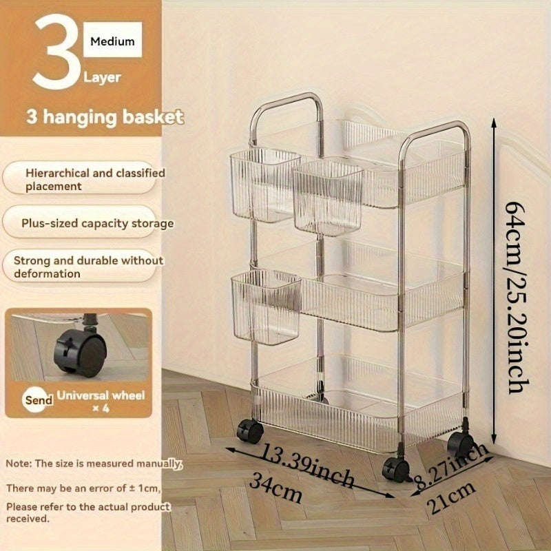 Carrito de almacenamiento acrílico transparente de 3 niveles con ruedas giratorias de 360°, diseño duradero y ahorrador de espacio para organización en el hogar y el baño, incluye 3 contenedores transparentes, solución de almacenamiento para baño, carrit