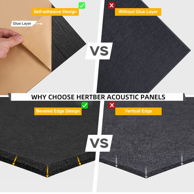 Paneles de espuma de sonido autoadhesivos HERTBER, paquete de 12, negro, baldosas acústicas de alta densidad para oficina, sala de reuniones, sala de estar, estudio, sala de música, sala de juegos, cine - Material de absorción de sonido
