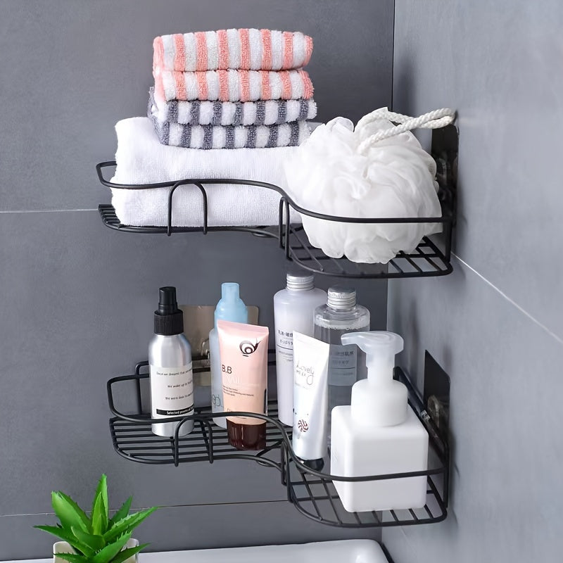 Organizador de baño de acero inoxidable negro resistente al óxido, con 2 repisas para champú, tónico y cosméticos, montaje en pared sin necesidad de taladrar