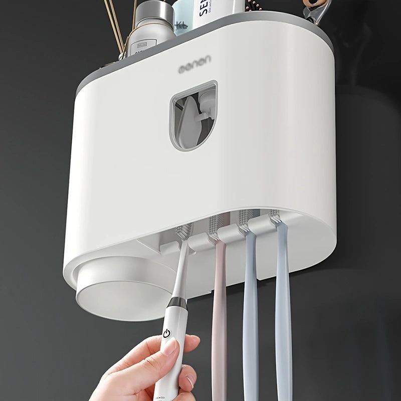Un conjunto de soportes para cepillos de dientes con 4 ranuras para cepillos de dientes y un dispensador automático de cepillos de dientes con una taza magnética, un contenedor multifuncional para cepillos de dientes y un conjunto de accesorios para baño.