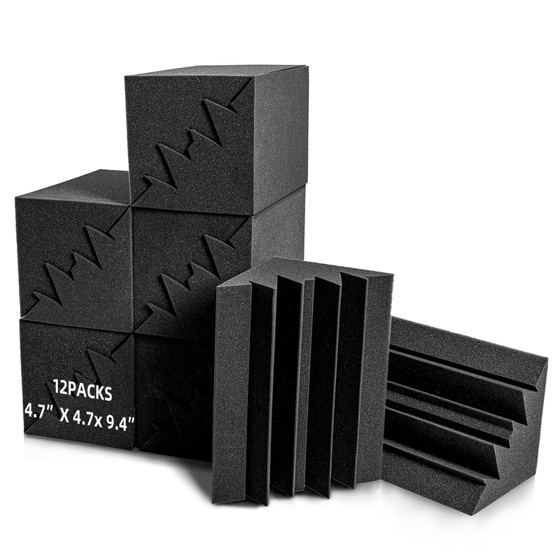 12 piezas de espuma acústica ignífuga para trampas de graves, 11.94x11.94x23.88 cm - Espuma para tratamiento acústico en esquinas de pared, sin adhesivo, ideal para estudio de grabación y home studio, diseño en patrón de cuña, versátil para aislamiento a