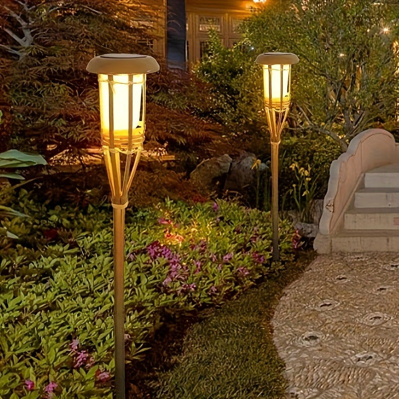 Lámpara solar de bambú con 12 luces LED en forma de llama real, ideal para caminos, jardines y parques, luz solar para exteriores, diseño de llama, batería recargable con energía solar