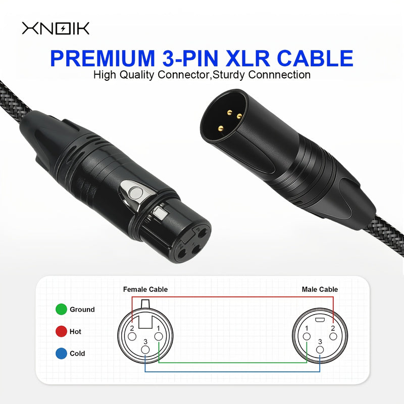 Cable de Micrófono XLR Extra Largo XNOIK - Audio Profesional Resistente, 15m/10m/5m, Blindaje Equilibrado para Estudio y Escenario en Vivo, Podcasting - Compatible con Conectores Macho a Hembra, Diseño Robusto de Conector, Textura Trenzada