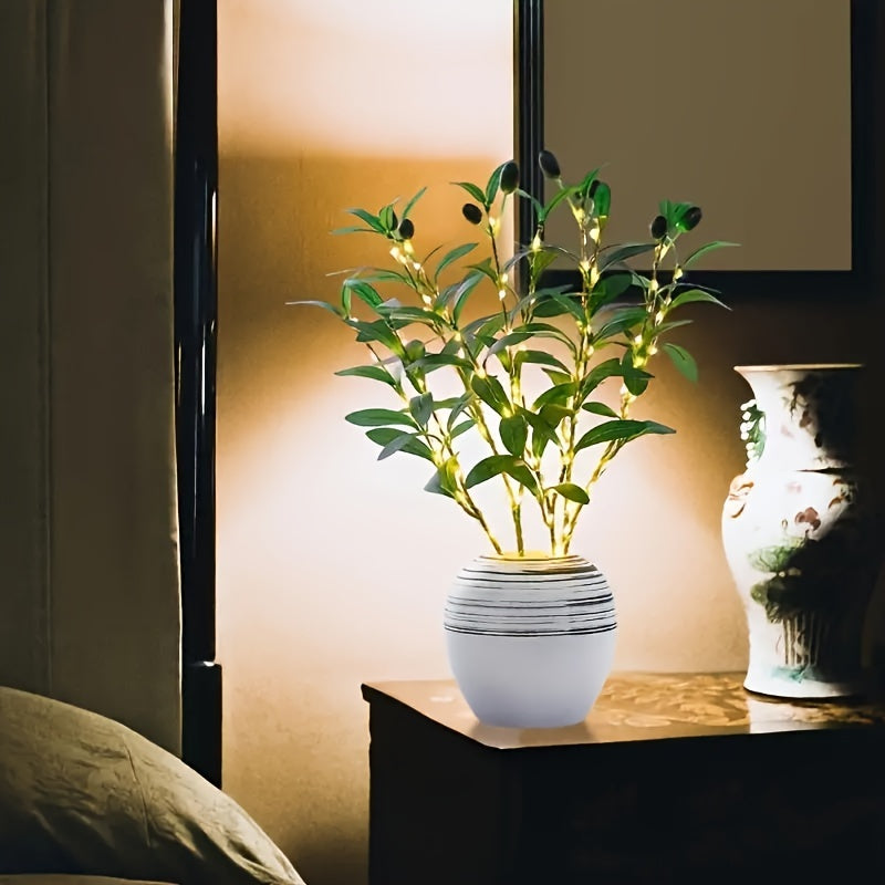 Luz Nocturna Elegante Rama de Olivo, 1 ud Elegante Rama de Olivo LED Luz Nocturna - Lámpara Decorativa Moderna con Batería y Follaje Artificial Verde para Mejora de Ambiente - Perfecta para Festividades, Bodas, Fiestas, Gabinetes, Mesas de Comedor, Cafés