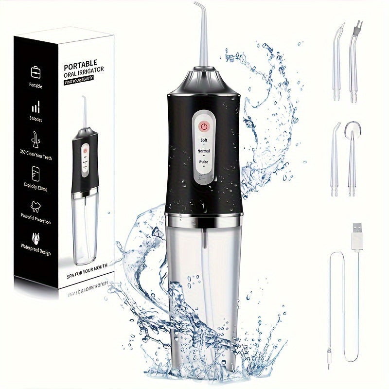 Hidrojet Portátil con 4 Cabezales de Cepillo Intercambiables, 3 Modos de Limpieza, Recargable por USB, Batería de 800mAh, Depósito de Agua Transparente, Panel de Control Digital, Diseño Impermeable para Viajes y Uso Doméstico
