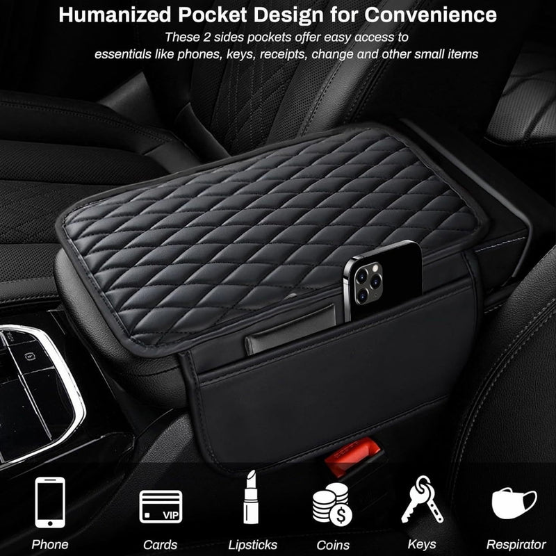 Cubierta de consola central del coche, cubierta de descanso de brazo de coche de piel sintética de microfibra mejorada con 2 bolsas de almacenamiento, cubierta de descanso de brazo universal para caja de almacenamiento de coche, accesorios de interior de