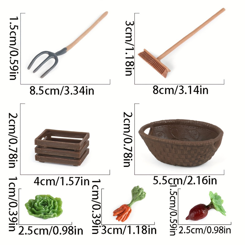 Juego de Jardín Mini Granja de 7 Piezas con Pala de Plástico, Rastrillo y Cortacésped - Incluye Modelos de Verduras para Decoración de Plantación Exterior