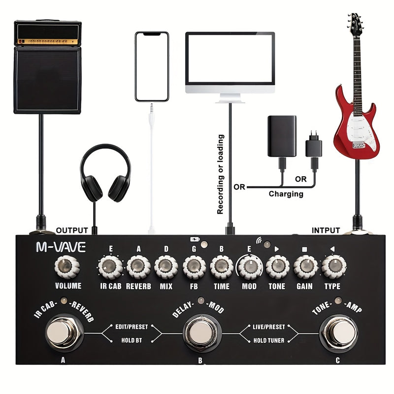 Pedal M-VAVE CUBE-BABY Guitarra Multi-Efectos - Pedalboard Compacto con Simulador de Amplificador Integrado y Gabinetes, sin varillas 5.0, Efectos Delay/Reverb/Distortion/Overdrive, Batería de Polímero de Litio, USB/Alimentación por USB - Ideal para Uso