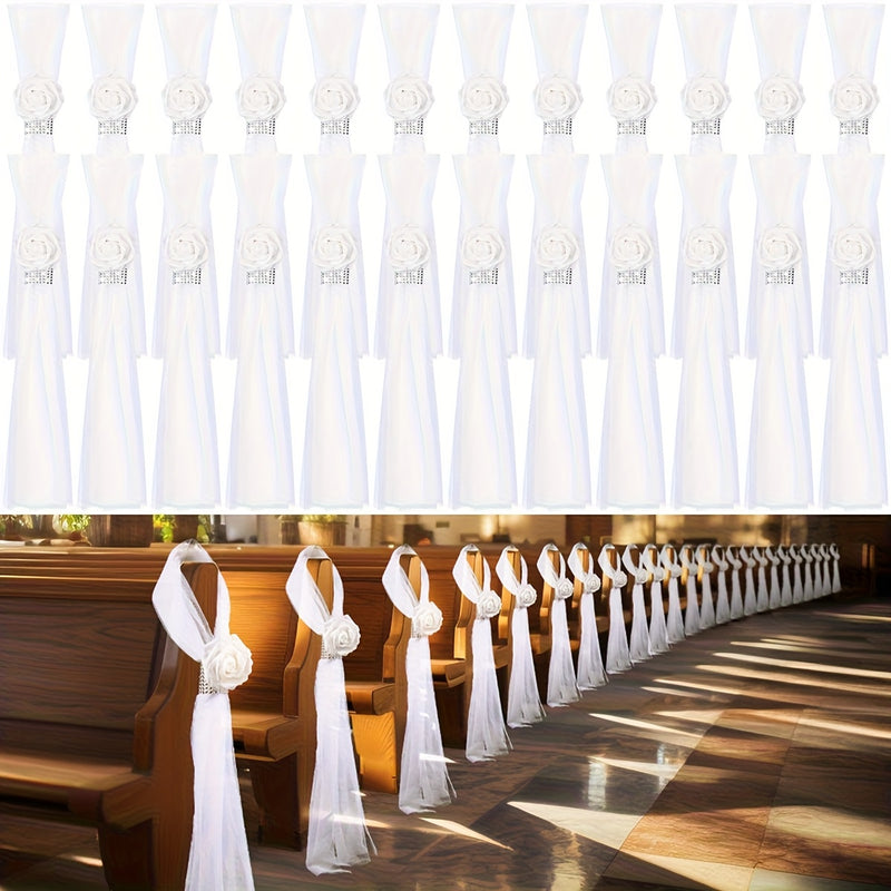 8 piezas de Decoraciones AITISOR para Pasillo y Sillas de Boda - Rosas Artificiales Blancas con Detalles de Estrás, Decoración Colgante de Tela para Iglesia, Hotel, Fiesta - Versátil para Bodas, Fiestas, Eventos de Primavera y Verano, Decoraciones Nupcia