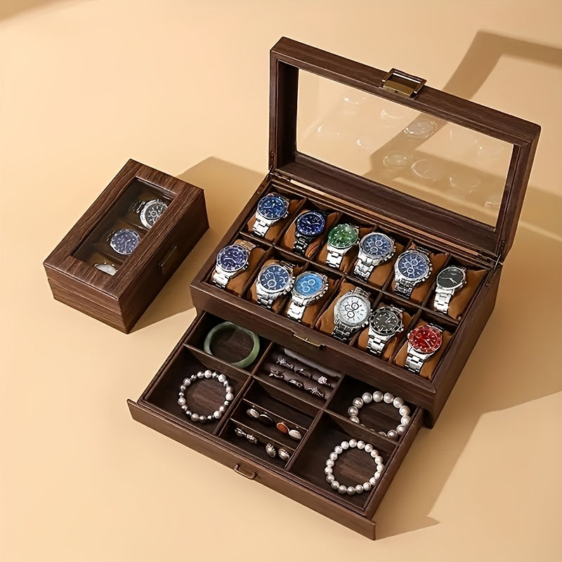 Organizador de relojes y joyas de lujo de 12 ranuras con tapa de vidrio - Almacenamiento de doble capa para relojes, anillos, gafas de moda - Ideal para hombres, mujeres, parejas - Regalo perfecto para bodas, cumpleaños, Pascua, Día del Padre - Resistent