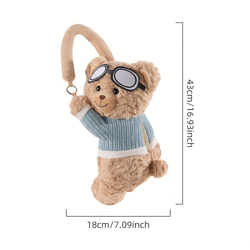 Soporte para Pañuelos de Asiento Trasero del Coche con Diseño de Oso Lindo - Suave Peluche con Dibujos Animados y Salopete Azul & Gafas, Almacenamiento Colgante Multifuncional para Acceso Fácil, Apto para Coches, Hecho de Poliéster Duradero