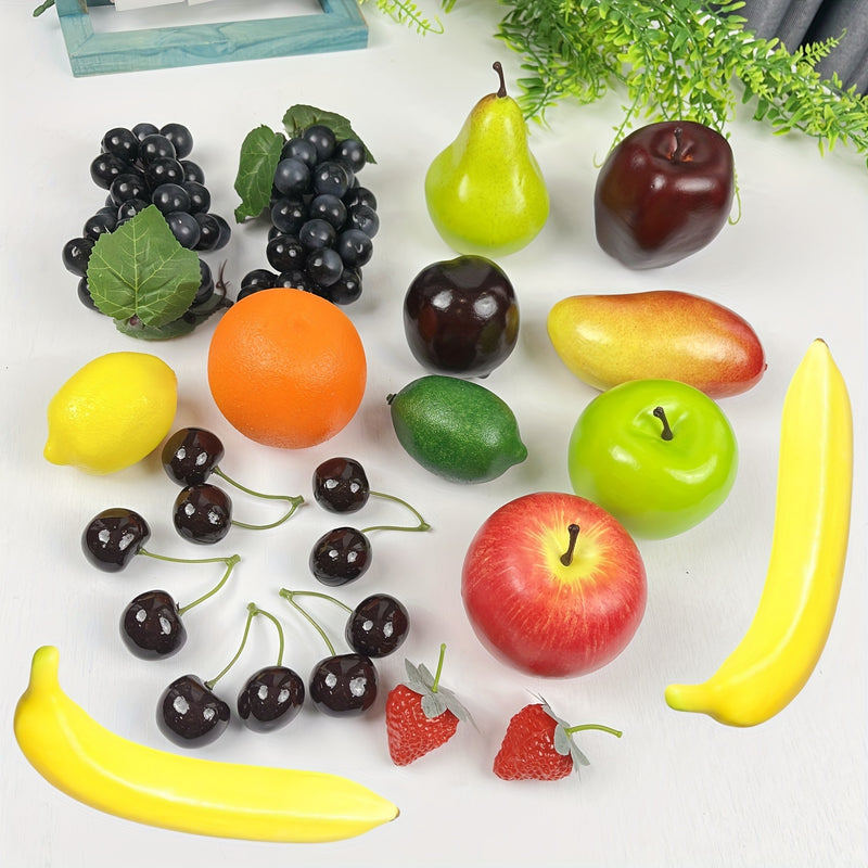 Conjunto de 20 Piezas de Frutas Realistas - Fresas, Manzanas, Peras, Limones, Naranjas, Uvas, Cerezas, Mangos y Plátanos Artificiales para Decoración del Hogar, Fiestas y Exhibición Navideña, Accesorios de Fotografía, Decoración de Frutas para Fiestas