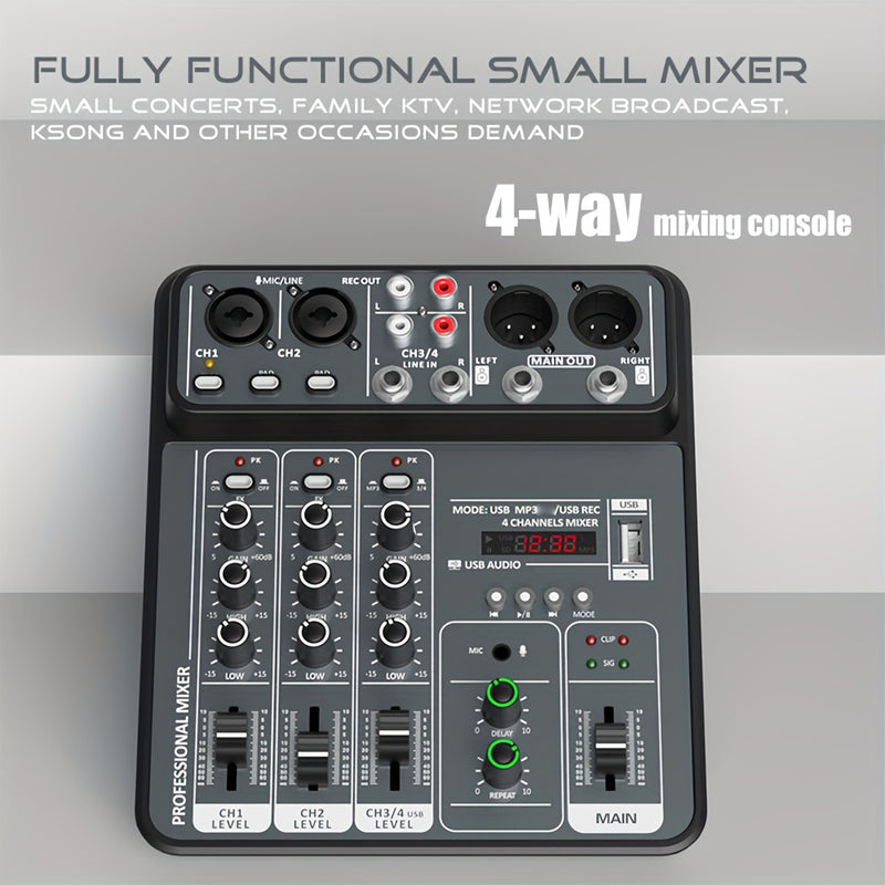 Consola de Mezcla BOMGE Profesional 4 Canales con Interfaz USB, Compatible con MP3 y Entrada de Computadora, Ideal para Estudio, Streaming en Vivo, Grabación y Podcasting