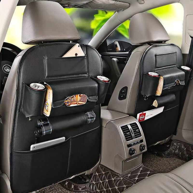 Organizador para asientos traseros de auto en cuero PU premium, con múltiples bolsillos, porta vasos, ganchos y compartimentos de malla, para sedanes, camionetas y SUV – Maximiza el espacio de almacenamiento y mantén tu vehículo ordenado, organizador par