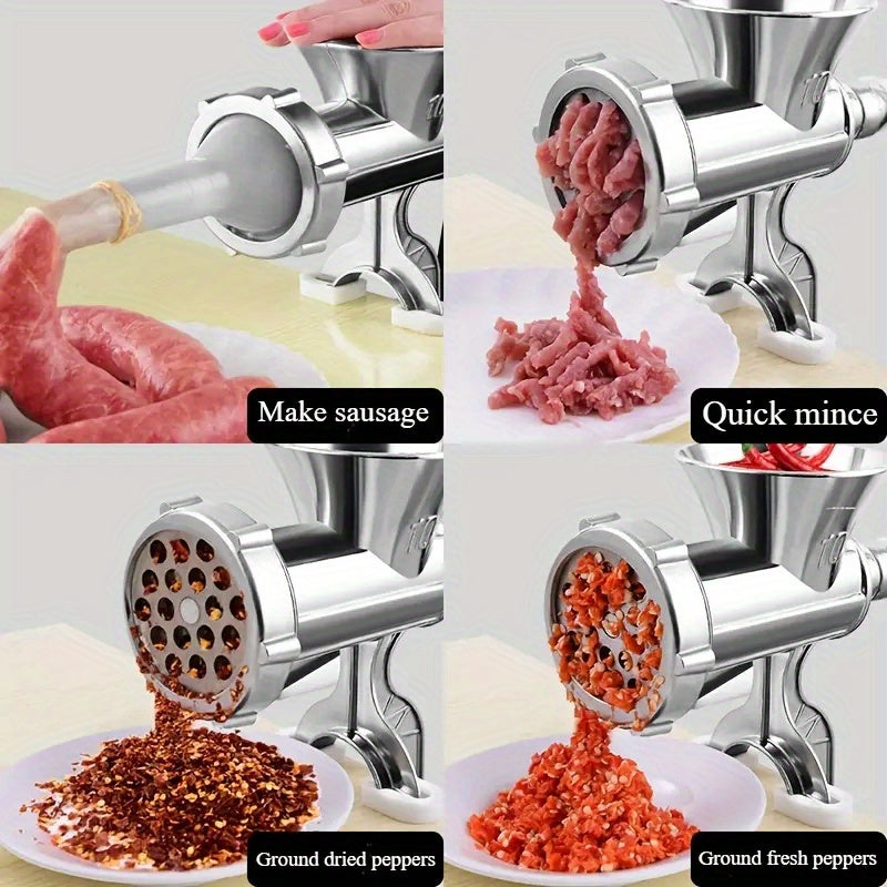 1pc Molinillo de carne de aleación de aluminio duradero manual con asa, molinillo de cocina a prueba de óxido y relleno de salchichas, operación suave para cocina en casa y fiestas, herramienta de preparación de alimentos | Apariencia metálica elegante |