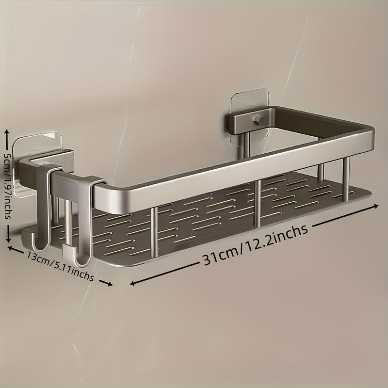 Estante de aluminio de gran capacidad con gancho, sin taladro, para montar en la pared, adecuado para baño y cocina, estante de almacenamiento fácil de instalar que ahorra espacio para artículos de tocador, cosméticos y artículos varios.