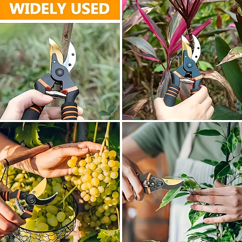 Tenaces de Poda Profesionales de Aleación para Jardín Ultracortantes y Resistentes con Mangos Ergonómicos Negros y Naranjas, Incluyen Mecanismo de Seguridad y Resorte, Ideales para Tareas de Podar y Jardinaje