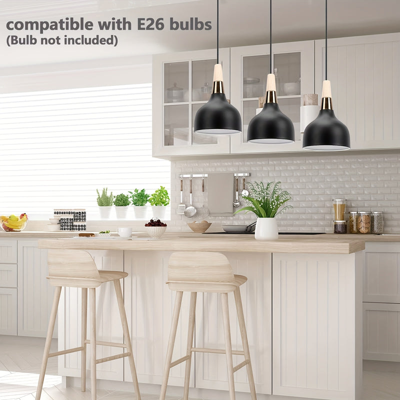 Lámpara colgante moderna de metal negro con domo de madera - Altura ajustable, montaje semiempotrado, candelabro desmontable para isla de cocina, comedor, pasillo, vestíbulo, dormitorio - No incluye bombilla, iluminación de cocina | Acabado metálico eleg