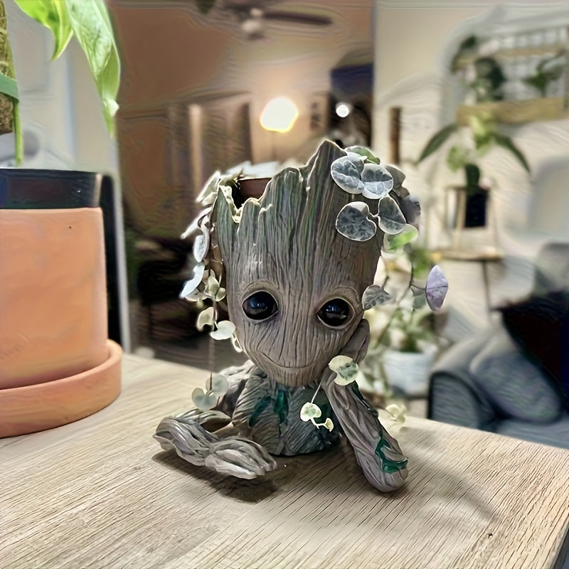 Maceta de Groot de Marvel - Árbol de dibujos animados lindo con flores rosas y blancas, hojas verdes, decoración de plástico duradera para interiores y exteriores, hogar, oficina, jardín, decoración de jardín de gnomos.
