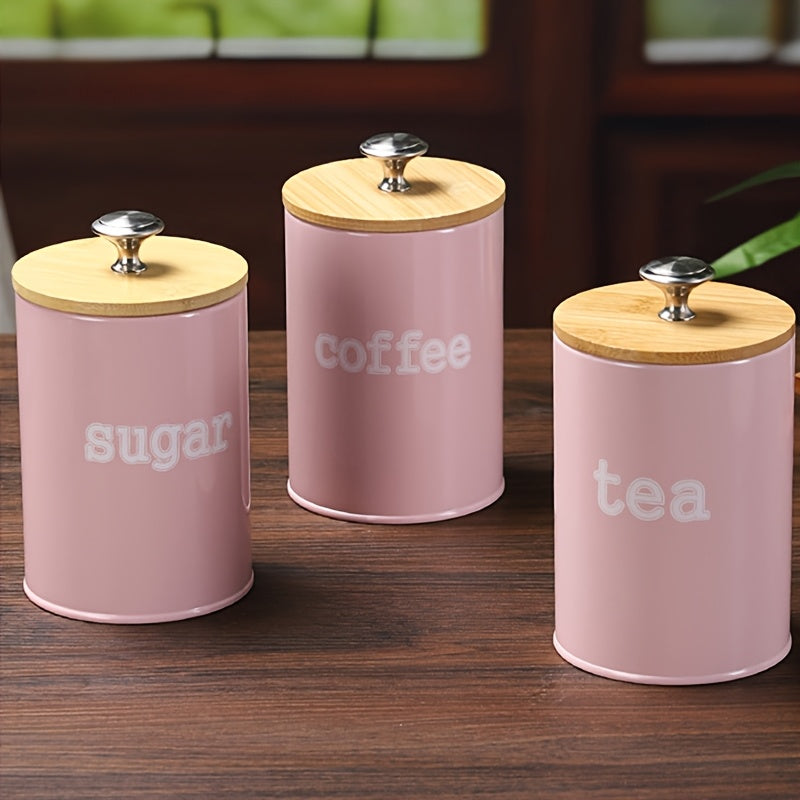Juego de Recipientes Pequeños para Cocina, Set de 3 Contenedores Metálicos Vintage de 25 oz para Café y Azúcar con Tapa de Bambú, Decoración Rústica para Almacenamiento de Comida
