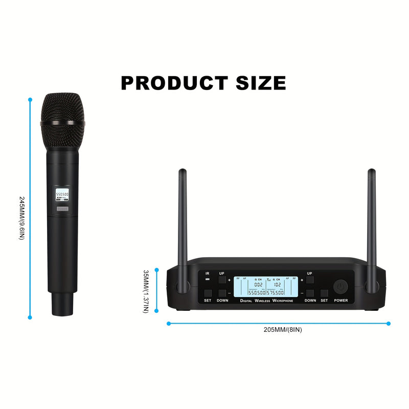 Micrófono de rendimiento profesional de 200 canales para escenario, banda, estudio, músicos, 2 micrófonos de mano, adecuado para el sistema inalámbrico de doble canal UHF D4-200