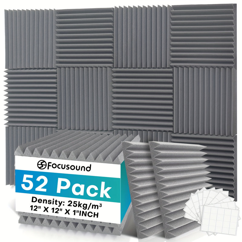 52 piezas de paneles acústicos ignífugos de alta densidad con cinta adhesiva de doble cara, 30.48x30.48x2.54 cm, baldosas aislantes de sonido para reducción de ruido - Ideal para estudios, KTV, podcasts y decoración de habitaciones - Gris/Negro, paneles