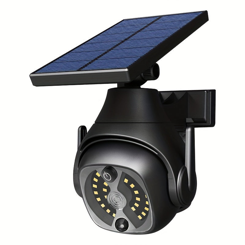 1 lámpara solar de pared LED con sensor de movimiento, luz falsa de vigilancia inalámbrica, panel solar giratorio 180°, iluminación solar simulada para porche, jardín, patio o entrada