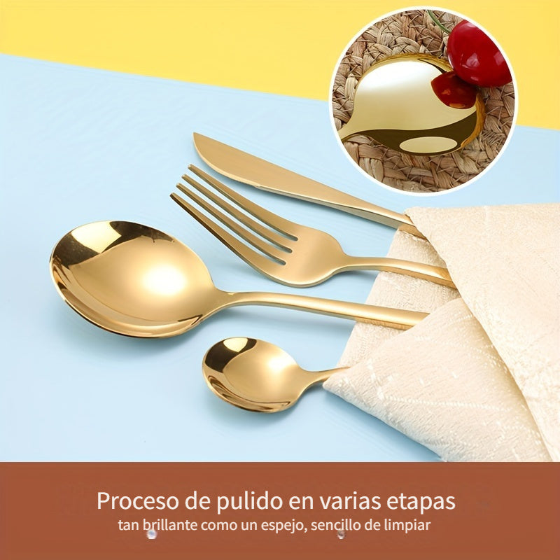 24 piezas de cubertería de acero inoxidable en dorado, con estilo elegante portugués, adecuado para 6 personas, incluye cuchillos para bistecs portugueses, tenedores, cucharas y cucharitas, juego de cubertería de acero inoxidable dorado de lujo, ideal pa