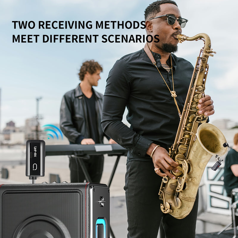 Artículo de Venta Caliente 2025: Micrófono sin varillas UHF para Saxofón, Microfono Clip-On para Instrumentos de Madera y Trompeta, Sistema Transmisor y Receptor Recargable con Distancia de Transmisión hasta 48.77 metros, Apto para Trompeta, Trompa Franc
