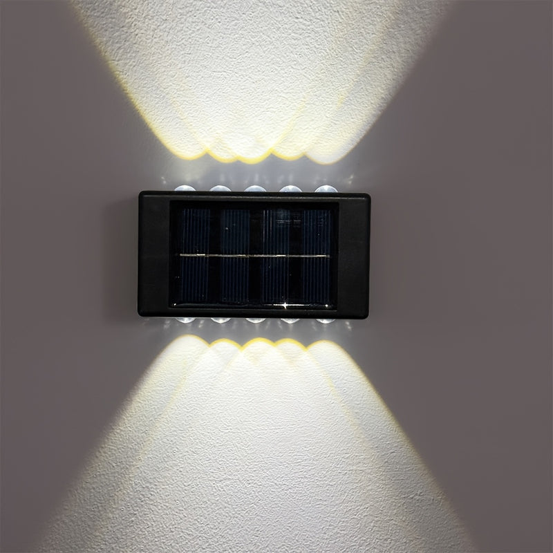 4 piezas, lámpara de pared solar convexo con luces LED 8/10/16 emitiéndose desde arriba y abajo, lámpara decorativa de pared para courtyards, lámpara de guía de atmósfera para jardines y porches, adecuada para jardines, courtyards, camas de flores y atri