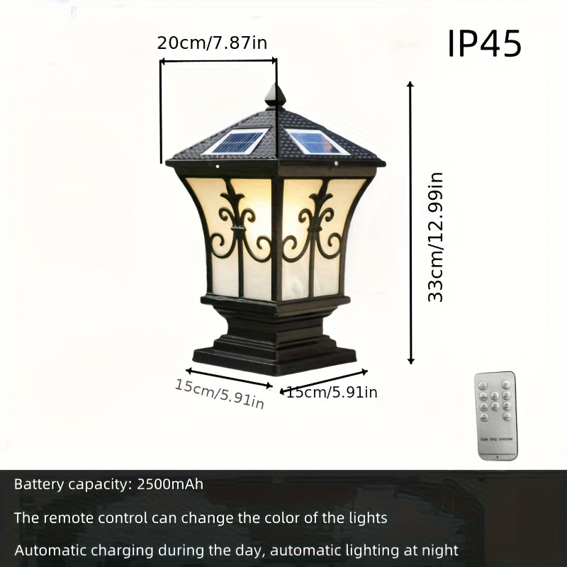 Lámpara solar LED para exteriores, pilar de jardín, cuerpo de aluminio para villa o barandal, control remoto, luz variable, luz blanca, cálida, neutra y roja, se apaga de día y enciende automáticamente de noche