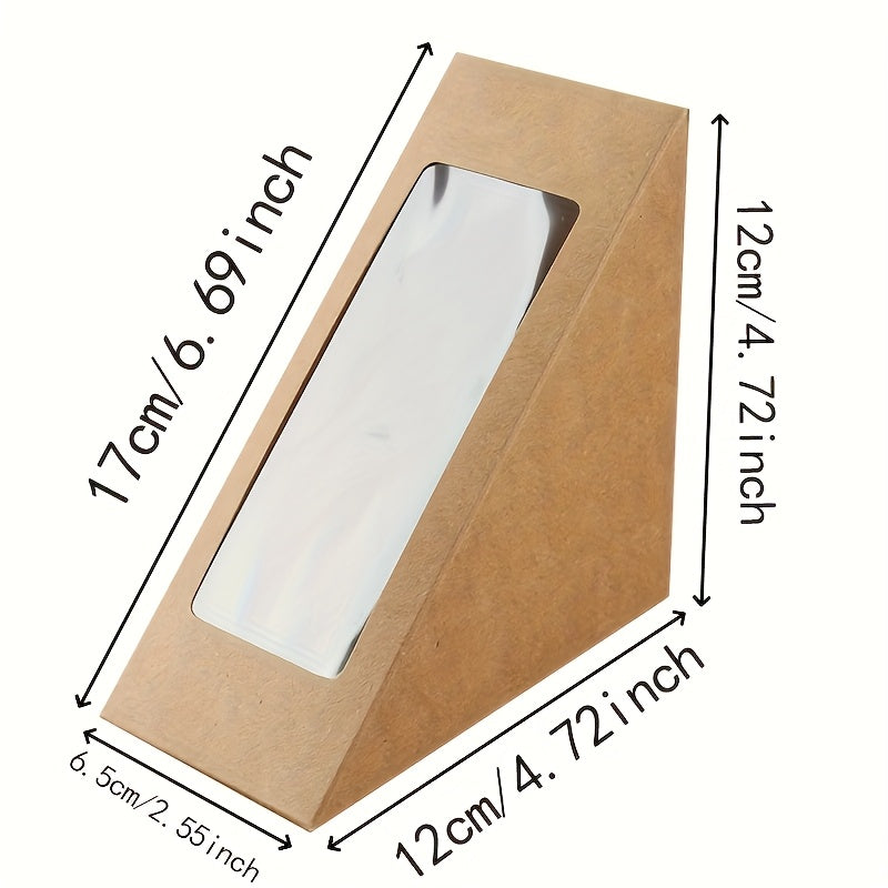 50 Cajas de papel marrón para sándwiches con ventana, pequeños recipientes triangulares para alimentos, sin BPA, aptos para contacto con alimentos, soportes desechables para cupcakes en forma de cuña.