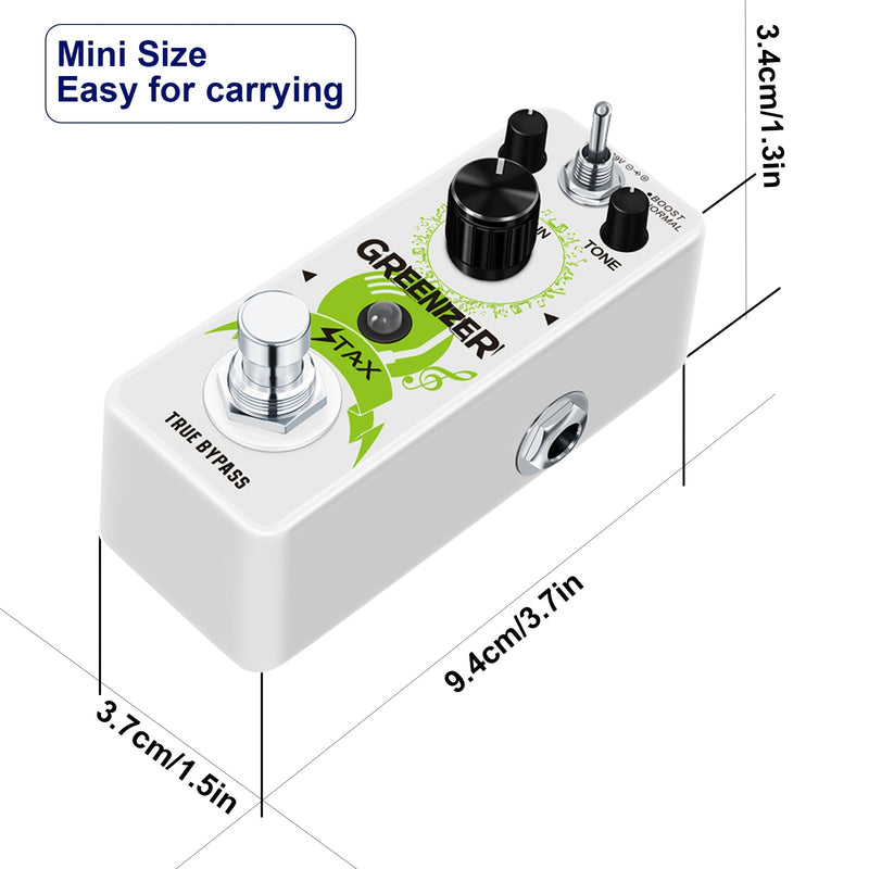 Pedal de Efectos Vintage Analógico Overdrive Greenizer - Recreación del Sonido de Tubo de los 70's, Mini Tamaño con True Bypass