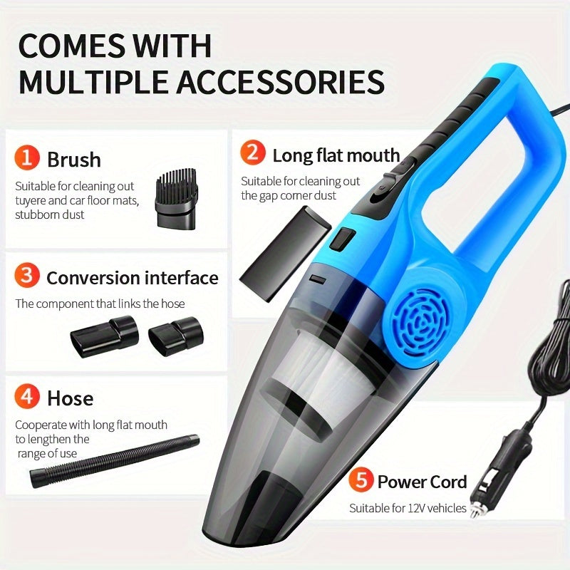 Aspiradora de mano para auto, 12V de alta potencia, gran capacidad de succión, limpia ranuras y espacios en el auto, ideal para pelo de gato y perro