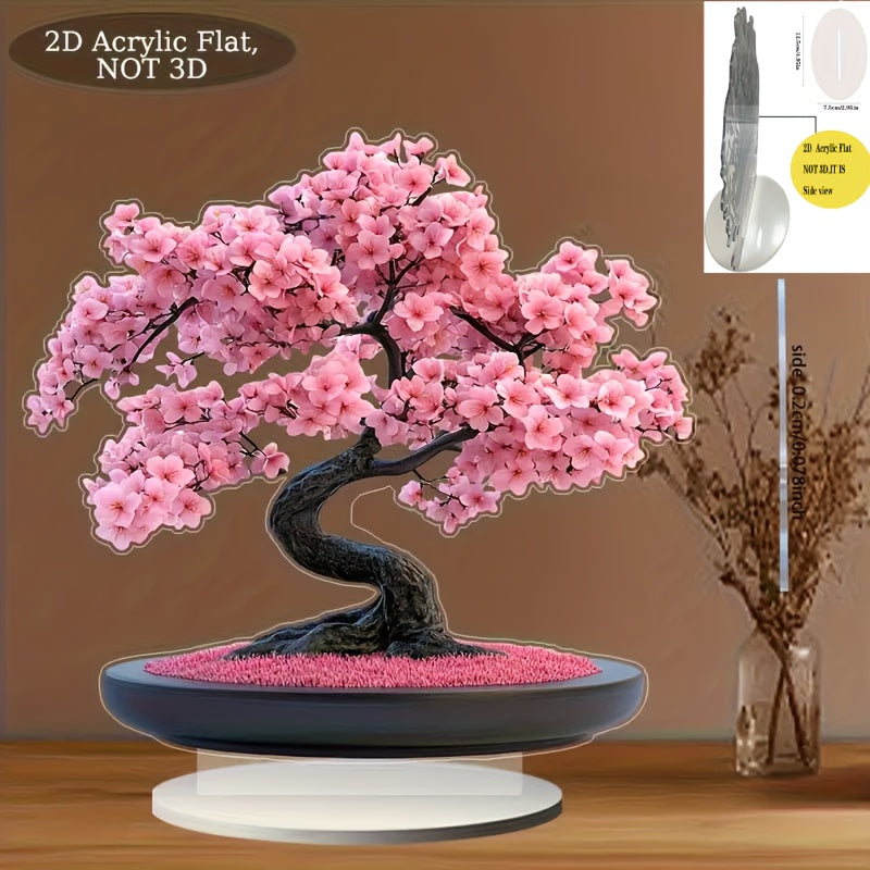 Árbol de Cerezo Acrílico 2D Plano - Tronco y Flores Rosas Vibrantes, Regalo para San Valentín, Decoración de Escritorio para Hogar/Oficina, Arte Floral Contemporáneo, Sin Montaje Necesario