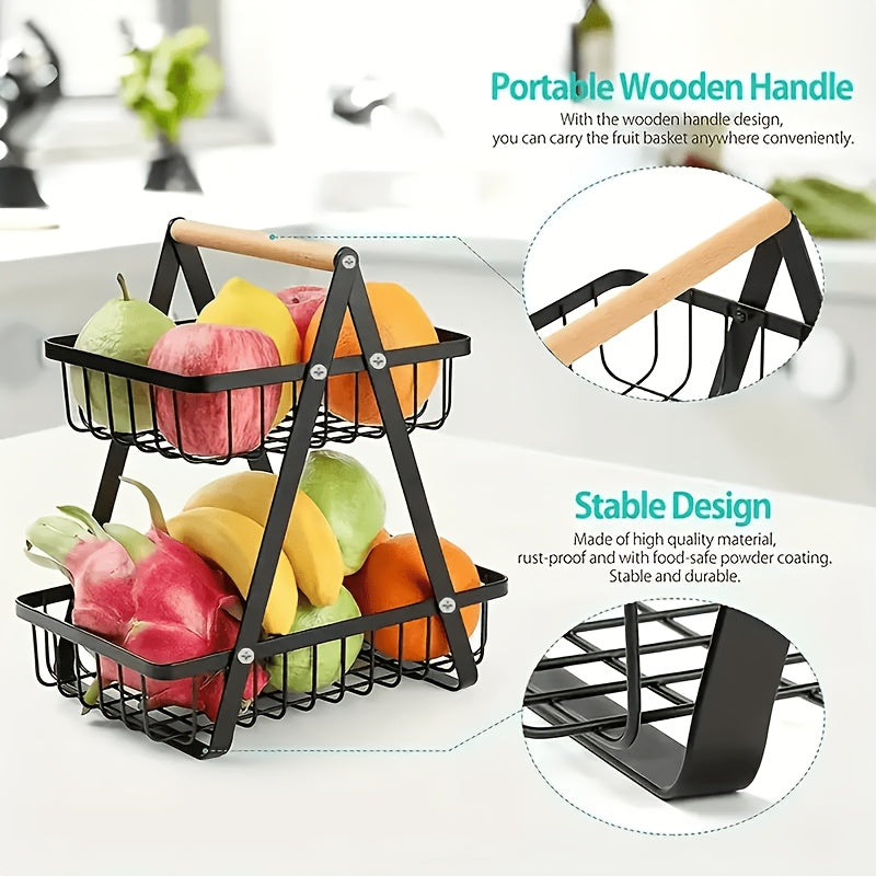Cesta de frutas de hierro de 3 niveles moderna - Organizador de cocina negro elegante con mango de madera, perfecto para exhibir frutas, verduras y panes, solución de almacenamiento de cocina | Elegante cocina | Cocina duradera