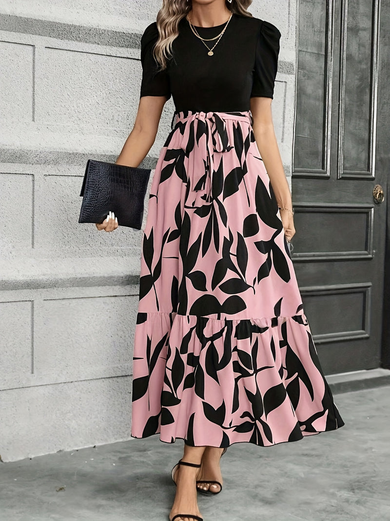 Vestido Elegante con Estampado Floral y Cinturón - Cuello Redondo, Manga Corta, Diseño en A para Mujer - Perfecto para Primavera y Verano