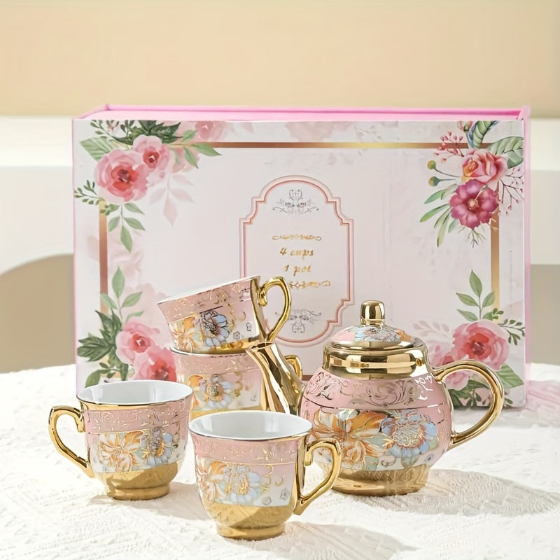 Juego de té de cerámica dorada estilo europeo, 5 piezas, incluye 1 tetera y 4 tazas, set para café, ideal para fiestas de té, restaurantes o cafeterías, en empaque de regalo