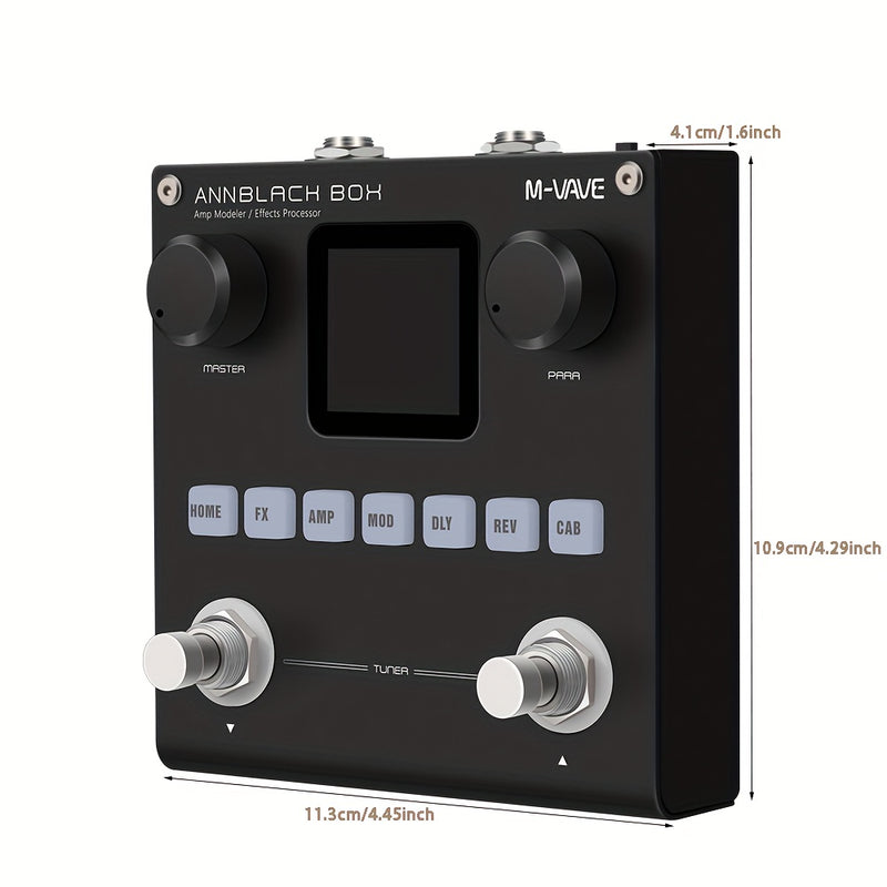 Modelador de efectos portátil para guitarra/bajo con 6 módulos de efectos, 80 presets editables y batería recargable
