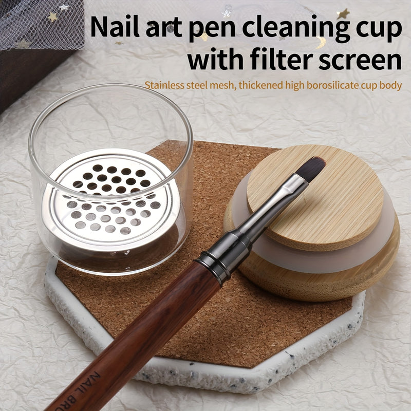 Vaso Limpiador de Pinceles para Uñas con Malla de Acero Inoxidable - Diseño Resistente al Calor y Tapa de Madera, Operación Manual Sin Olores, Mantenimiento Eficiente de Gel y Acrílico, Portapinceles Elegante