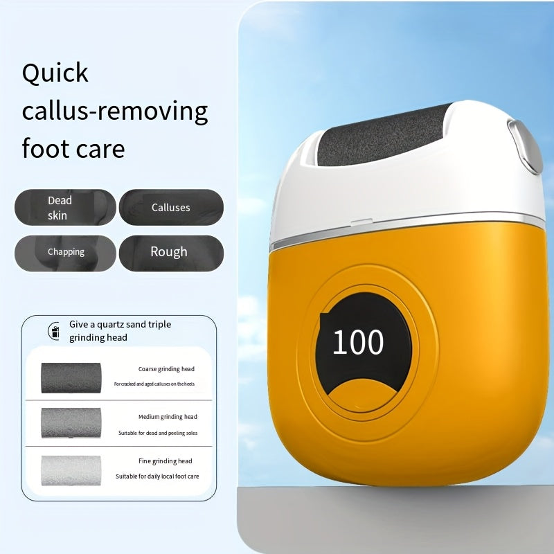 Un exfoliador eléctrico recargable para pies diseñado para secar y resecar la piel, con tres cabezas de molienda de repuesto, dos ajustes de velocidad, carga USB portátil, adecuado para el cuidado de pies y manos.