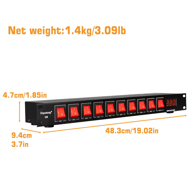 DEPUSHENG 10 enchufes de secuencia de energía y protección contra sobretensiones con pantalla LCD - 220V AC 60Hz, interruptores independientes, protección contra sobrecarga para escenario, estudio, cine en casa, protección de equipo de escenario, acabado